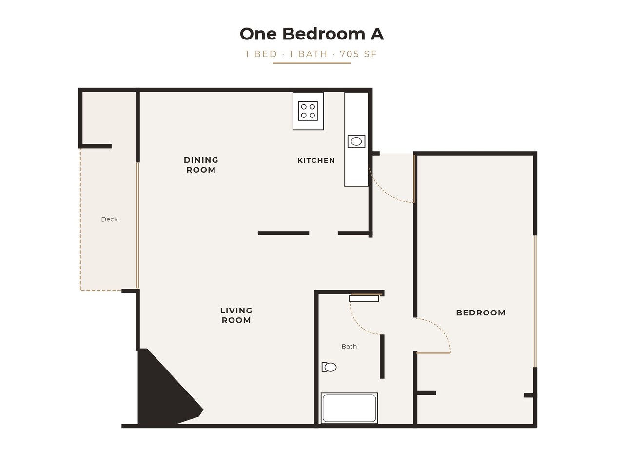 One bedroom floor plan, 705 sq ft