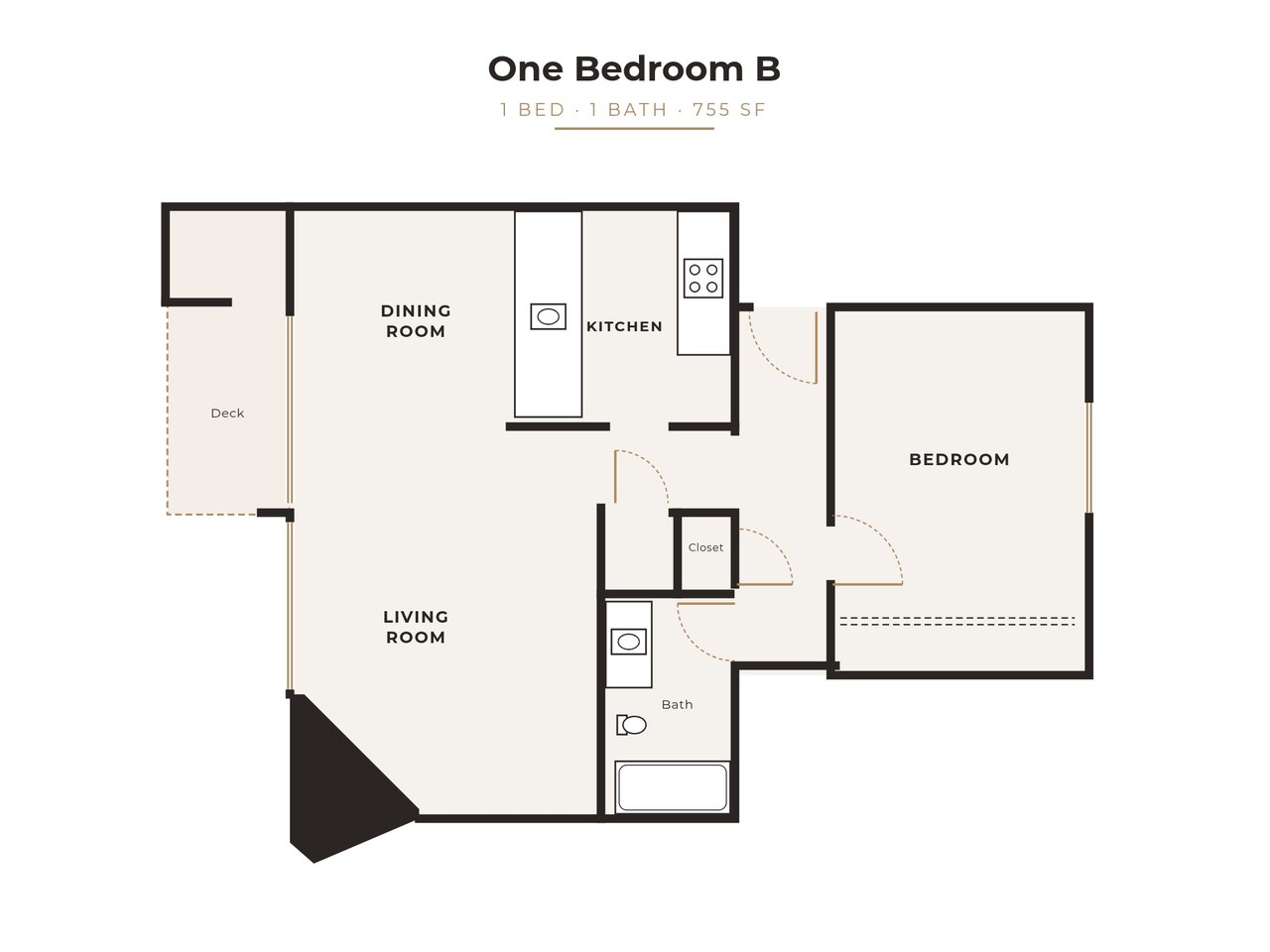 One bedroom floor plan, 755 sq ft