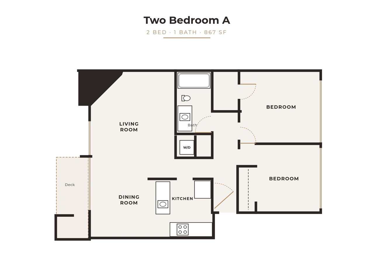 Two bedroom floor plan, 867 sq ft