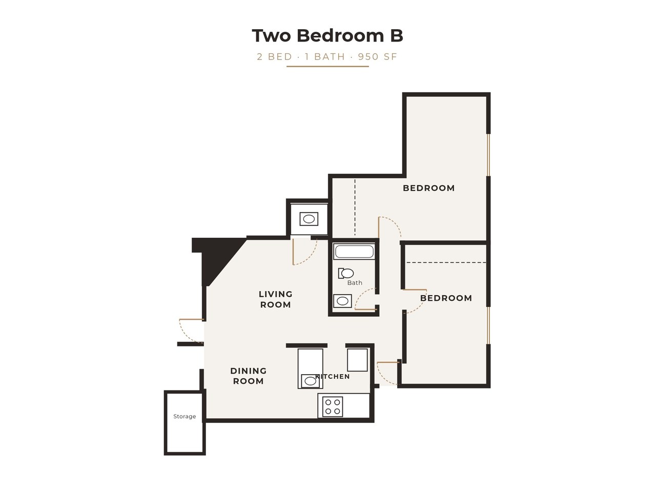 Two bedroom floor plan, 950 sq ft