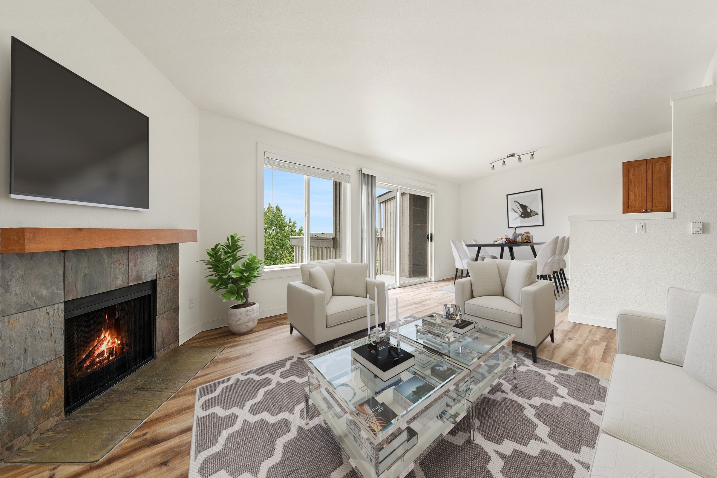 Living room with wood-burning fireplace